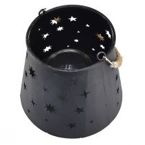 Artikel Metall-Laterne Anthrazit Ø16,5 cm Höhe 24 cm mit Sternmotiven und Jutekordel