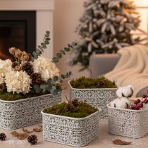Artikel Metallschalen 3er-Set Eckig, Spitzenmuster, Weiß-Silber, 27/23/19 cm, Dekogefäße