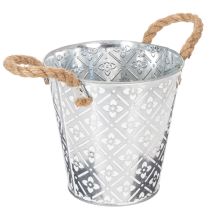 Artikel Blumentopf Metall Ø18cm mit Jutegriffen und Blumenmuster für Innen- und Außendekoration
