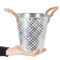 Artikel Blumentopf Metall Ø18cm mit Jutegriffen und Blumenmuster für Innen- und Außendekoration