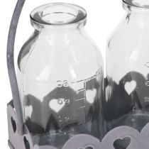 Artikel Mini-Vasen-Set aus Glas mit Metalltablett und Herzmotiv, 15,5 x 6 cm, Grau