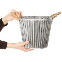 Artikel Pflanzgefäß aus Metall mit Jutegriffen Ø25,5cm geriffelt silbern