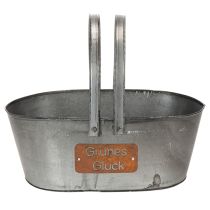 Artikel Pflanzkorb aus Metall mit Gravur „Grünes Glück“, ca. 40×15 cm, Silbern-Rostfarben