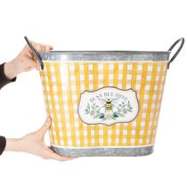 Artikel Pflanzkübel oval Metall 38×24×29cm kariert mit Bienenmotiv für Balkon und Terrasse