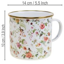 Artikel Pflanzgefäß Emaille Tasse Metall Weiß Ø11cm Blumenmotiv
