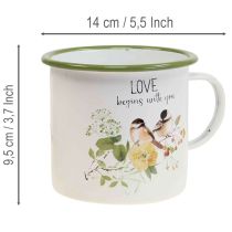 Artikel Emaille-Pflanztasse aus Metall Ø11cm mit Spruch und grünem Rand für Innenbereich