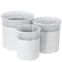 Artikel Pflanzgefäß aus Metall mit Spitzenmuster, 3er-Set, Weiß/Silbern, Ø 29,5/25,5/20 cm, H 28/25,5/23,5 cm