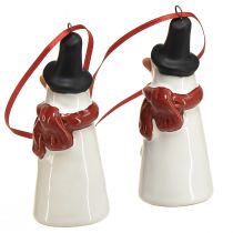 Artikel Schneemann-Hängedeko aus Keramik – 7,5 cm – Weiß mit rotem Schal und schwarzem Hut – 6er-Set