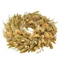 Artikel Trockenkranz aus Kardendisteln und Hirse, Naturmaterial, Gelb-Olivgrün, Ø 28 cm, Tisch- und Wanddeko
