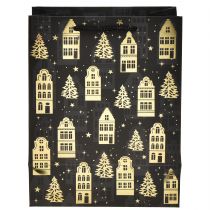 Artikel Weihnachtstüte Schwarz/Gold Tannen Häuser 18x10x23cm 2St
