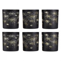 Artikel 6er-Set Windlichter Glas Schwarz-Gold, Feuerwerk-Design, Festliche Deko, 9cm