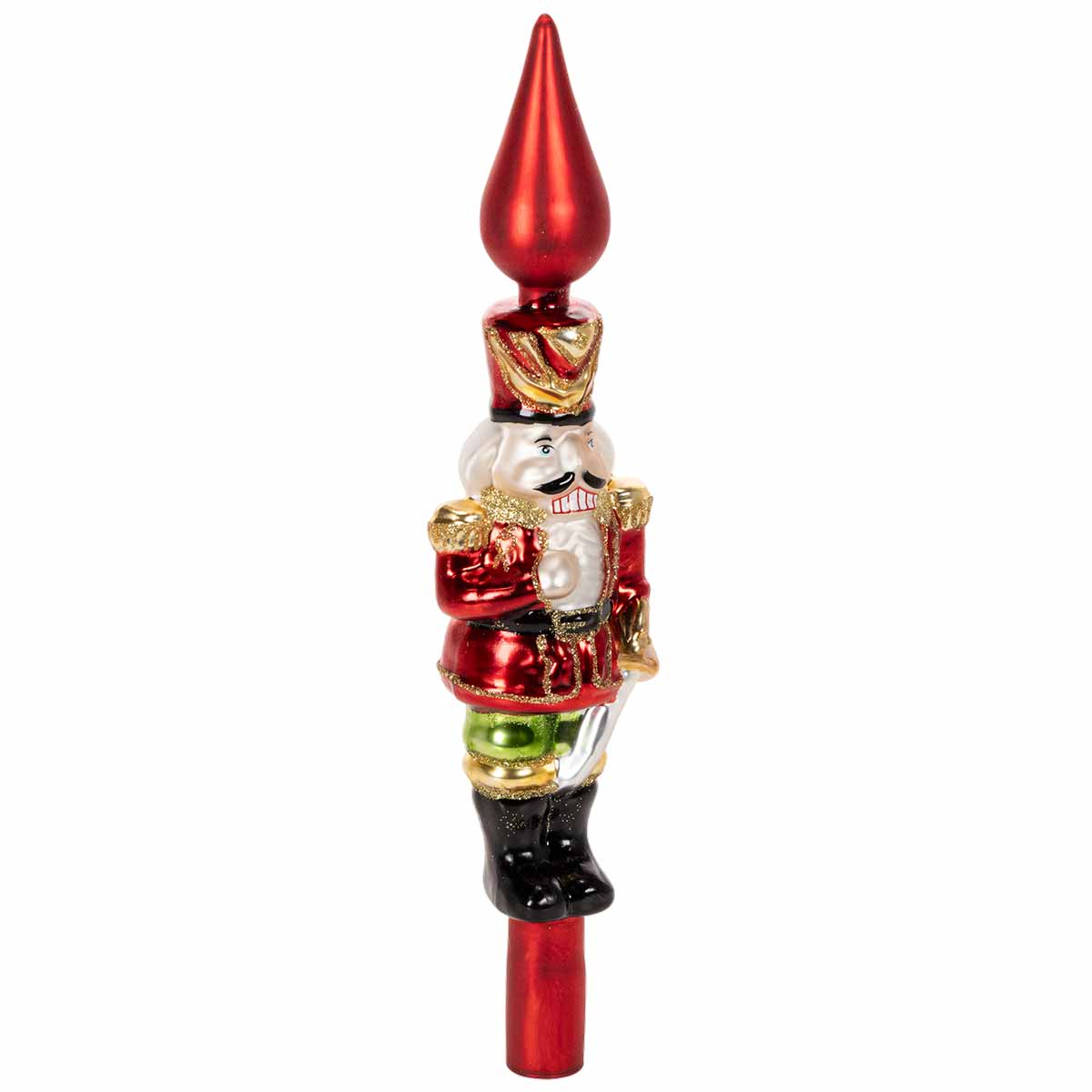 Christbaumspitze aus Echtglas, 28 cm, rot mit Nussknackerfigur für den Weihnachtsbaum