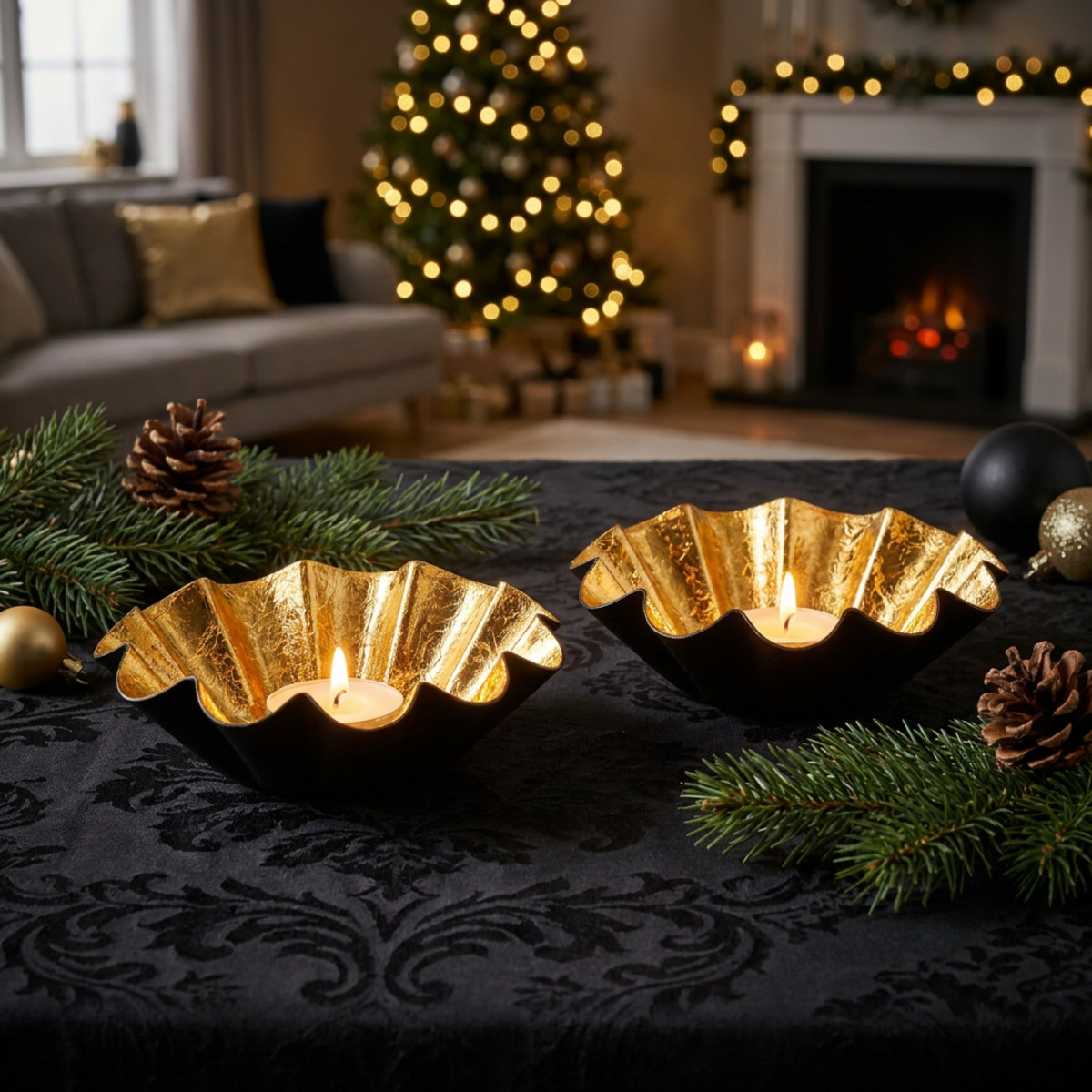 Teelichthalter Metall Schwarz-Gold Ø10cm Weihnachten 2St