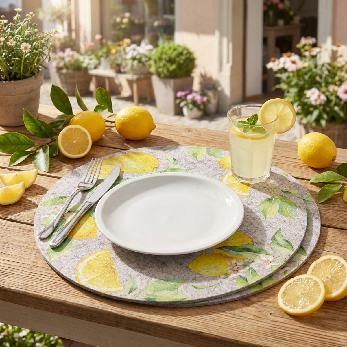 Runde Platzdeckchen Filz Grau Zitronenmotiv 31 cm