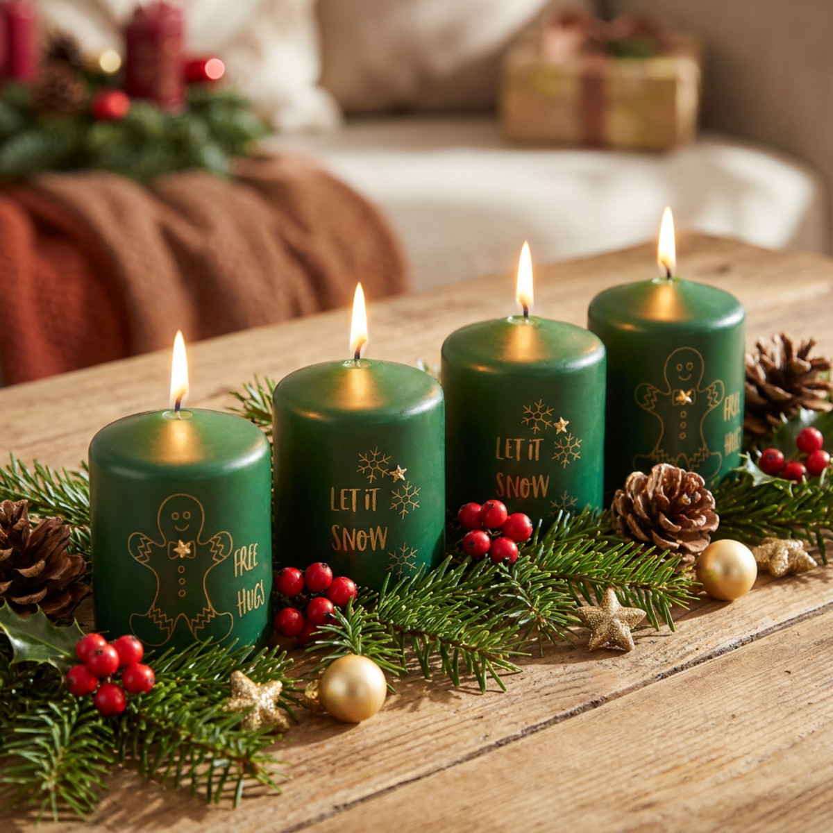 Grüne Weihnachtskerzen 4er Set Ø5cm H6cm Goldmotive