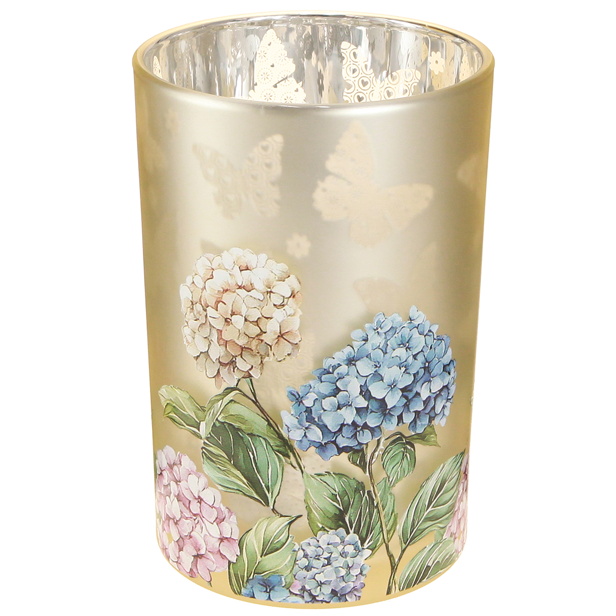 Floristik24 Deko Glas-Teelichthalter mit Blütenmotiv Beige Gold Ø12cm H18cm