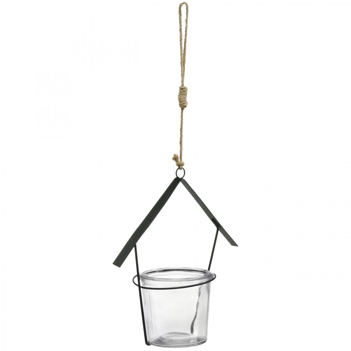 Windlicht Haus, Teelichthalter zum Hängen, Metalldeko, Glas  H21,5cm 2St-02645