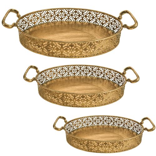 Floristik24 Deko Tablett oval Gold Metalltablett Antik Optik Gold 3er-Set