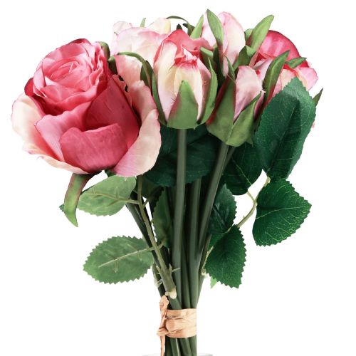 Floristik24 Kunstrosen Rosa Pink Künstliche Rosen Deko Strauß 29cm 12 St
