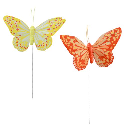 Deko Schmetterlinge am Draht Federn Orange Gelb 7×11cm 12St
