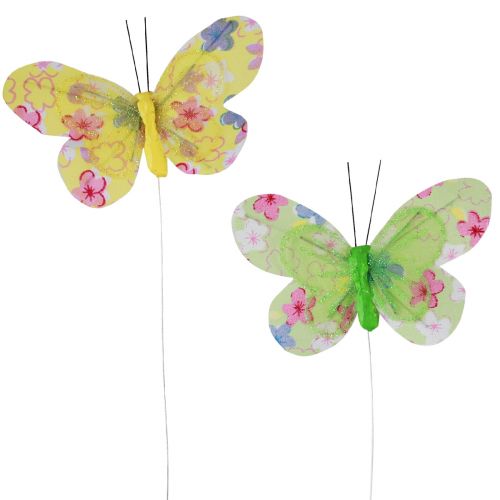 Floristik24 Deko Schmetterlinge am Draht Gelb Grün Blumen 6×9cm 12St