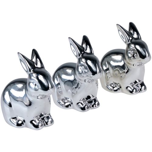 Floristik24 Hase Silber Sitzend Keramik Metall Optik 8,5cm 3 St