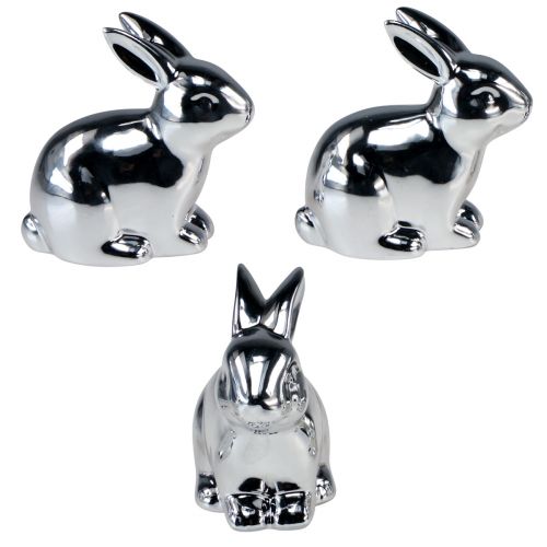 Floristik24 Hase Silber Sitzend Keramik Metall Optik 8,5cm 3 St