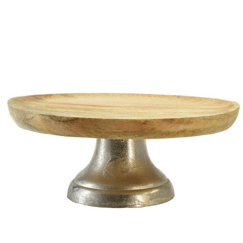 Floristik24 Dekoteller Tablett Holz Metall Fuß Natur Silber Ø25cm