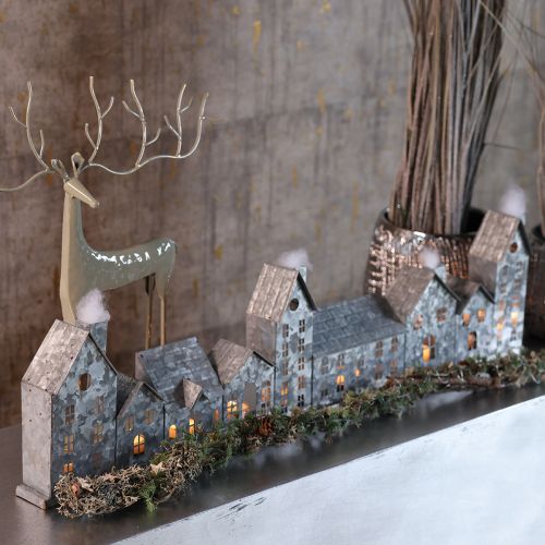 Deko-Häuserreihe Adventsdeko aus Metall mit Teelichthaltern 68 cm Silber | Floristik24.at