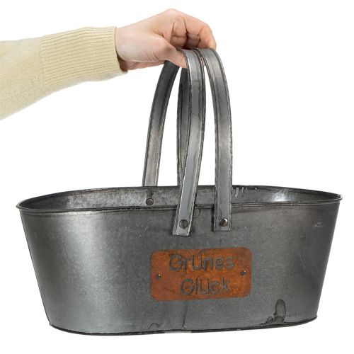 Pflanzkorb aus Metall mit Gravur „Grünes Glück“, ca. 40×15 cm, Silbern-Rostfarben | Floristik24.at