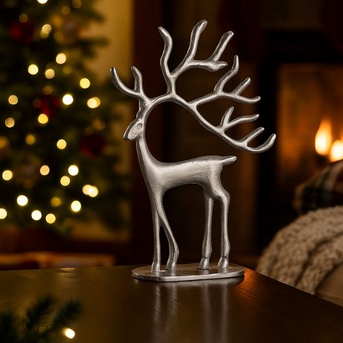 Artikel Dekorative silberne Hirschfigur aus Metall mit stattlichem Geweih 31cm