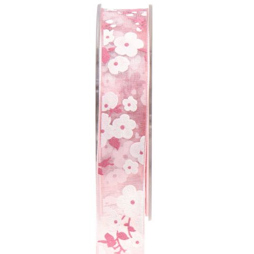 Artikel Organzaband Rosa mit Blumen Geschenkband 20mm 20m