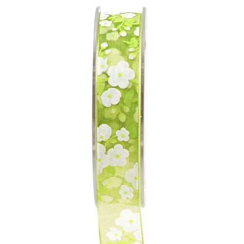 Floristik24 Frühlingsband mit Blüten Geschenkband Grün 20mm 20m