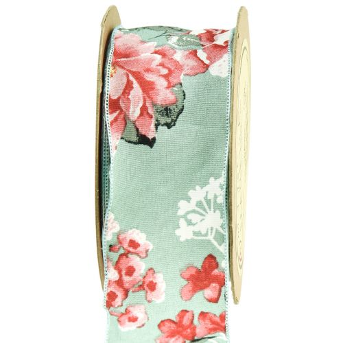 Geschenkband Blumen Stoffband Türkis Rot 40mm 15m