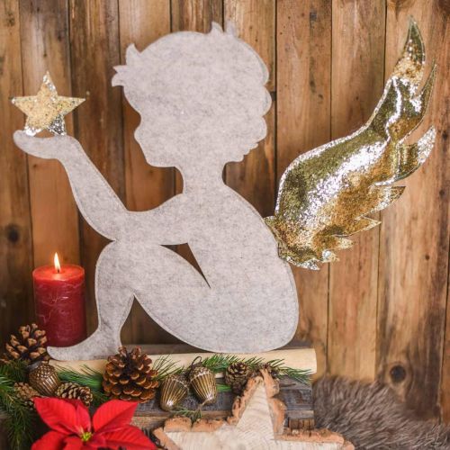 Artikel Aufsteller Weihnachtsengel auf Birkenstamm Filz Creme, Gold H46cm