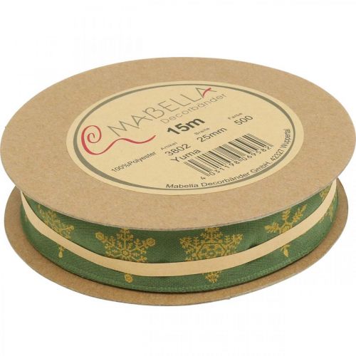 Floristik24 Stoffband Weihnachten Schneeflocke Grün, Gelb 25mm 15m