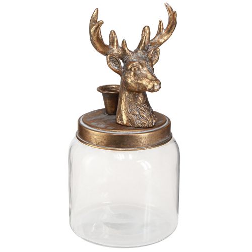 Antik Kerzenhalter Glas Hirschkopf Gold Metall 26cm