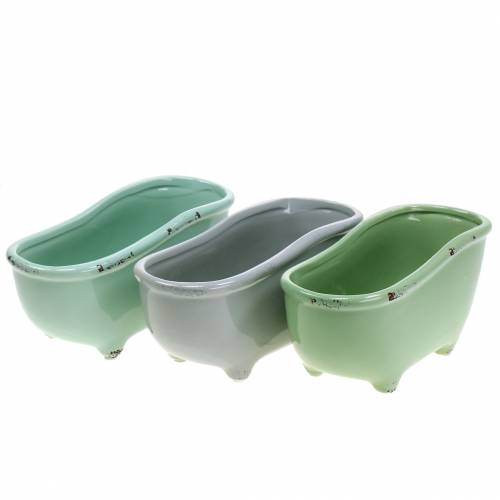 Floristik24 Deko Badewanne Keramik Grau, Grün sortiert 22cm x 10cm H10cm 3er-Set