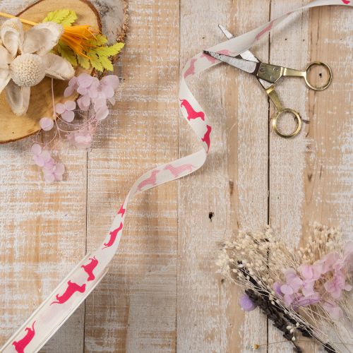 Dekoband mit Dackelmotiv aus Polyester 15mm Weiß Rosa 18m | Floristik24.at