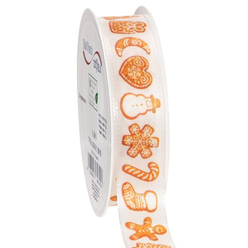 Geschenkband mit Lebkuchenfiguren aus Polyester, 25 mm x 18 m, Weiß-Orange | Floristik24.at