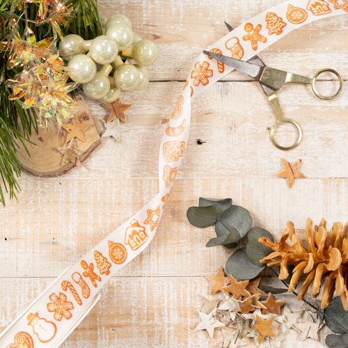 Geschenkband mit Lebkuchenfiguren aus Polyester, 25 mm x 18 m, Weiß-Orange | Floristik24.at