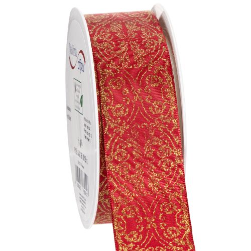 Geschenkband aus Polyester mit Drahtkanten 40 mm 15 m Dunkelrot mit goldenen Mustern
