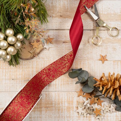 Geschenkband aus Polyester mit Drahtkanten 40 mm 15 m Dunkelrot mit goldenen Mustern | Floristik24.at