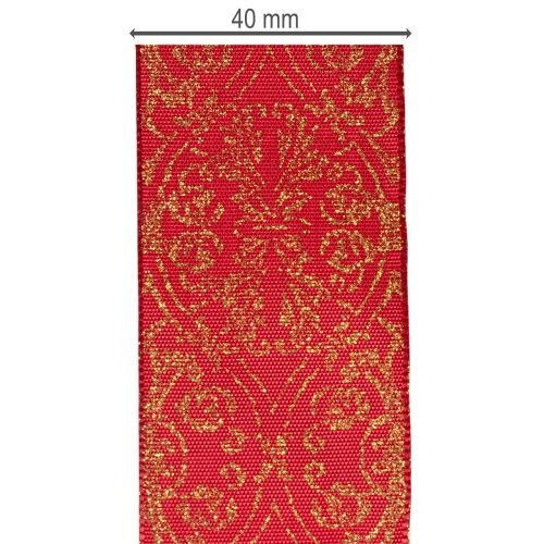 Geschenkband aus Polyester mit Drahtkanten 40 mm 15 m Dunkelrot mit goldenen Mustern | Floristik24.at
