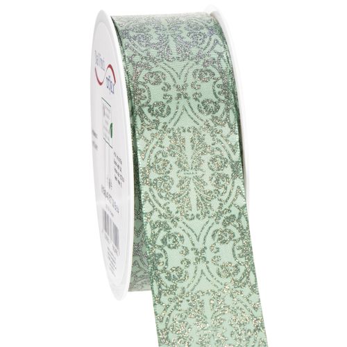 Geschenkband aus Polyester mit Drahtkante 40mm 15m Salbeigrün/dunkelgrünes Muster