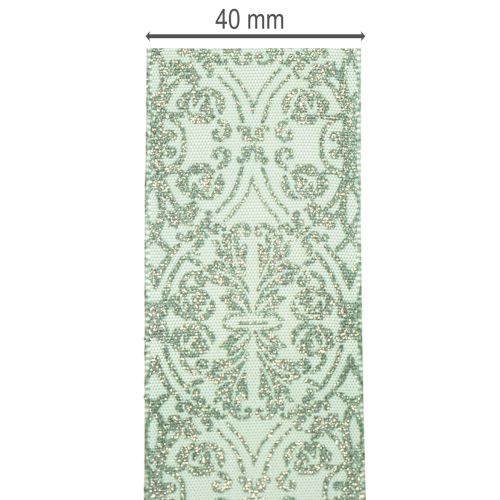 Geschenkband aus Polyester mit Drahtkante 40mm 15m Salbeigrün/dunkelgrünes Muster | Floristik24.at