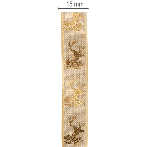 Dekoband aus Polyester mit Hirschmotiv 15mm x 15m in Braun und Gold für Innen | Floristik24.at