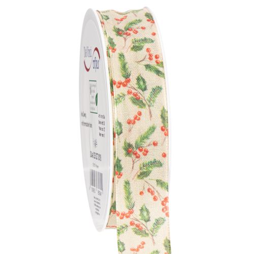 Dekoband Polyester Stechpalmen Beige Grün Rot 25mm 18m Innenbereich