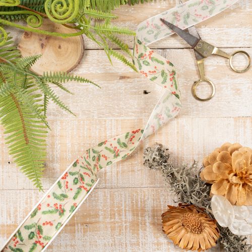 Dekoband Polyester Stechpalmen Beige Grün Rot 25mm 18m Innenbereich | Floristik24.at