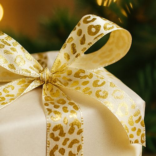 Artikel Band Leopard Print Seidenband Creme Gold 15mm 18m